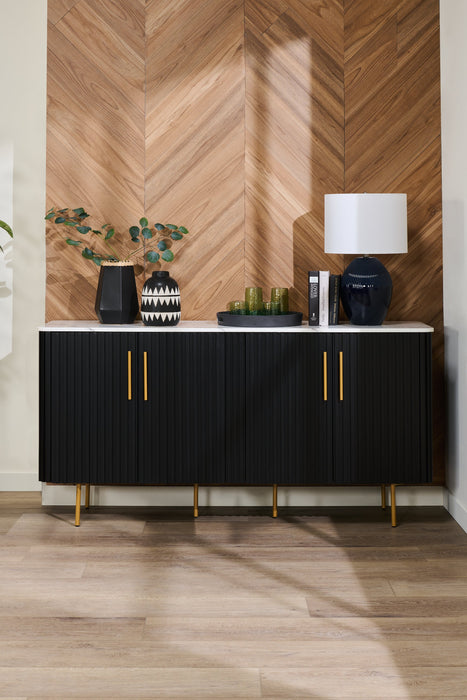 Desserte de salle à manger Capri de Kort & Co. de 66 po (L) avec rangement, dessus en imitation de marbre et touches dorées - noire et blanche