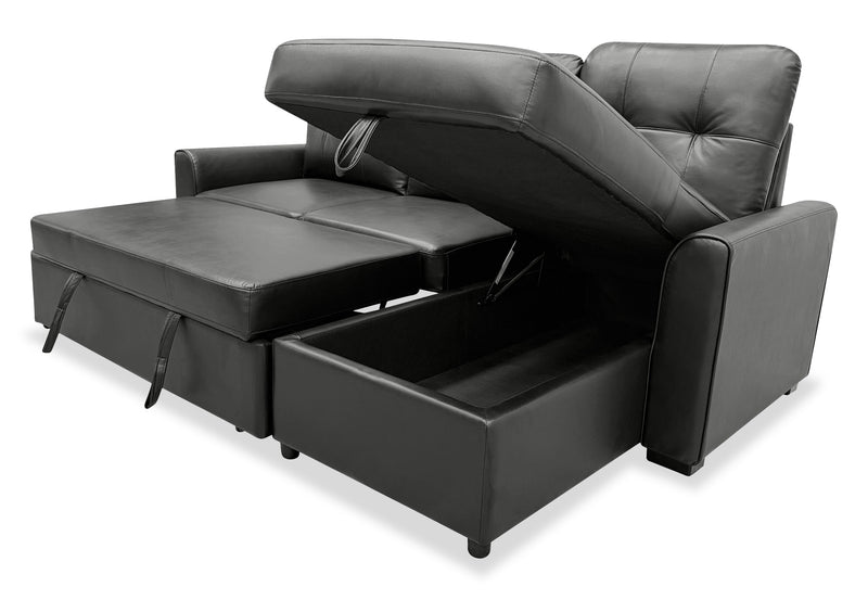 Sofa-lit sectionnel de droite Carter 2 pièces en tissu d’apparence cuir avec fauteuil long de rangement - noir
