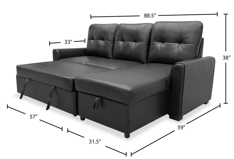 Sofa-lit sectionnel de droite Carter 2 pièces en tissu d’apparence cuir avec fauteuil long de rangement - noir