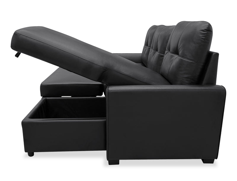 Sofa-lit sectionnel de droite Carter 2 pièces en tissu d’apparence cuir avec fauteuil long de rangement - noir