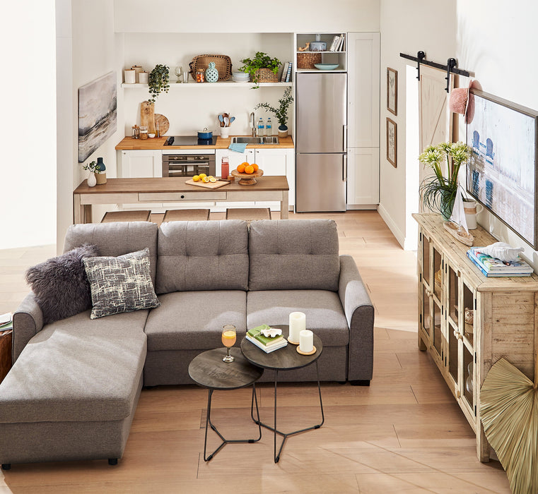 Sofa-lit sectionnel de gauche Carter 2 pièces en tissu d’apparence lin avec fauteuil long de rangement - gris Solis