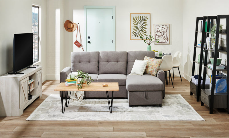 Sofa-lit sectionnel de droite Carter 2 pièces en tissu d’apparence lin avec fauteuil long de rangement - gris Solis
