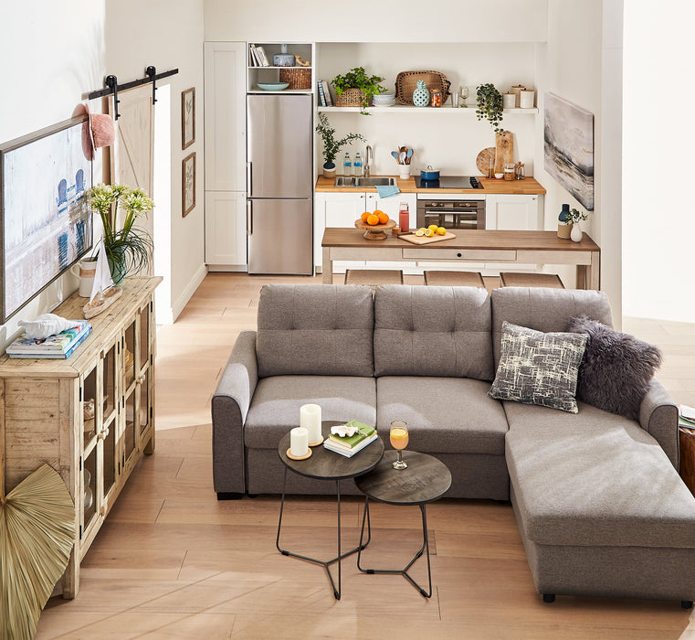 Sofa-lit sectionnel de droite Carter 2 pièces en tissu d’apparence lin avec fauteuil long de rangement - gris Solis