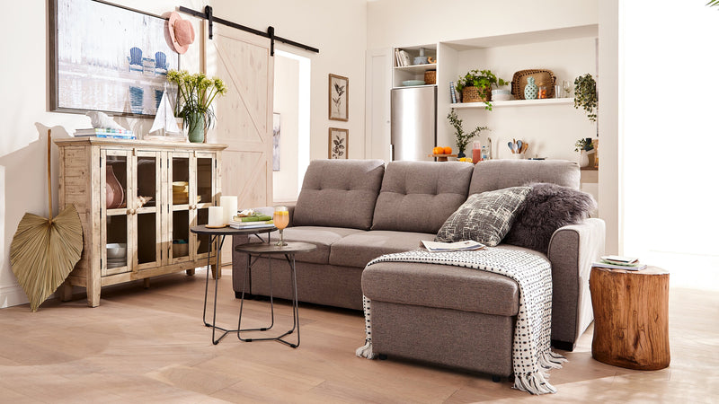 Sofa-lit sectionnel de droite Carter 2 pièces en tissu d’apparence lin avec fauteuil long de rangement - gris Solis