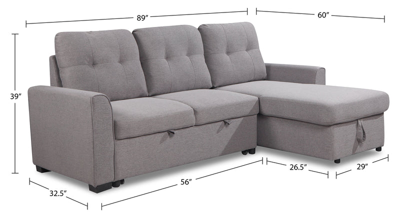 Sofa-lit sectionnel de droite Carter 2 pièces en tissu d’apparence lin avec fauteuil long de rangement - gris Solis