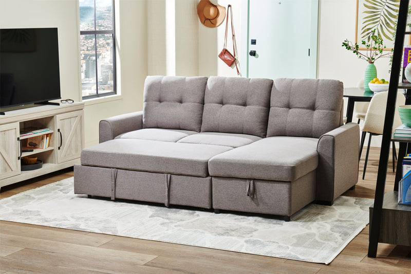 Sofa-lit sectionnel de droite Carter 2 pièces en tissu d’apparence lin avec fauteuil long de rangement - gris Solis