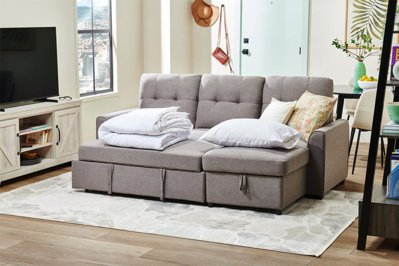 Sofa-lit sectionnel de droite Carter 2 pièces en tissu d’apparence lin avec fauteuil long de rangement - gris Solis