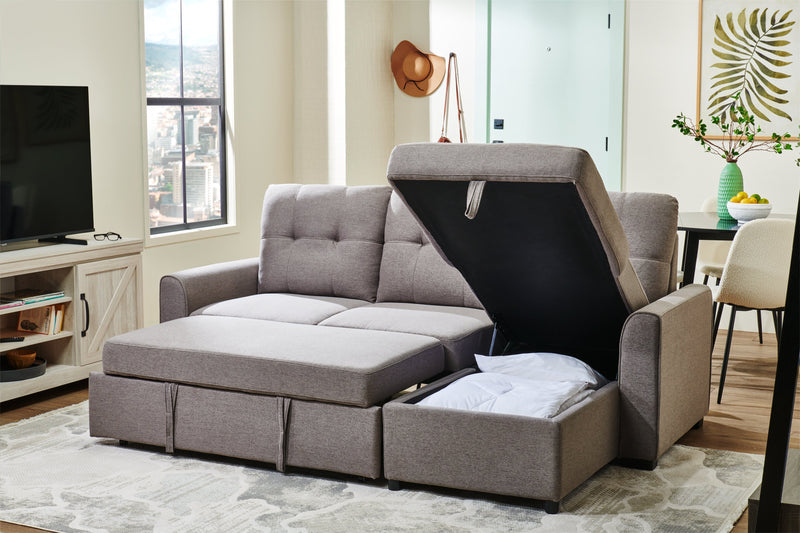 Sofa-lit sectionnel de droite Carter 2 pièces en tissu d’apparence lin avec fauteuil long de rangement - gris Solis