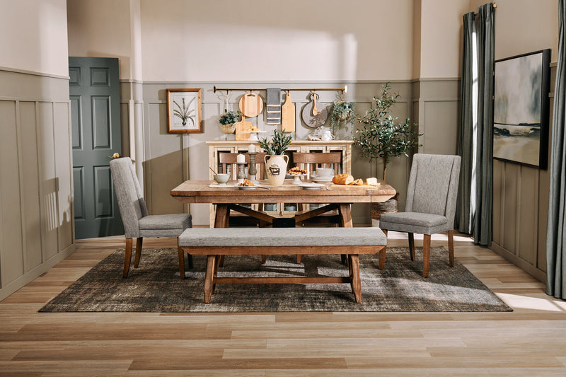 Banc de salle à manger Cedar de 60 po (L) en pin et tissu de polyester, avec base à tréteaux - brun