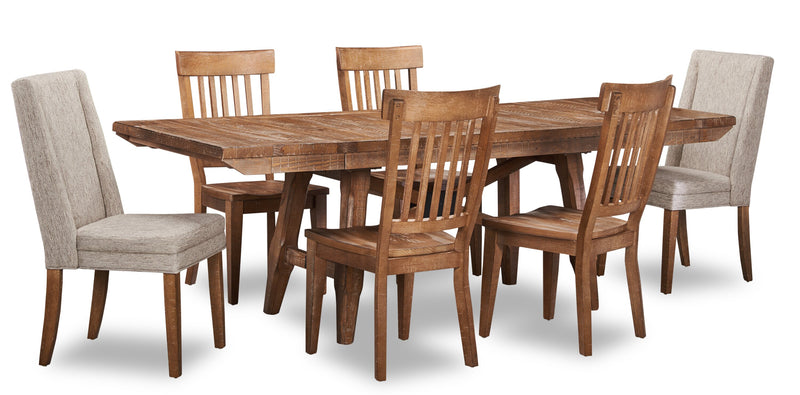 Ensemble de salle à manger Cedar 7 pièces en pin avec table de 72,07 po (L), base à tréteaux et 6 chaises - brun