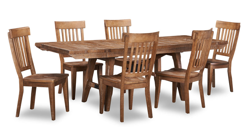 Ensemble de salle à manger Cedar 7 pièces en pin avec table de 72,07 po (L), base à tréteaux et 6 chaises - brun