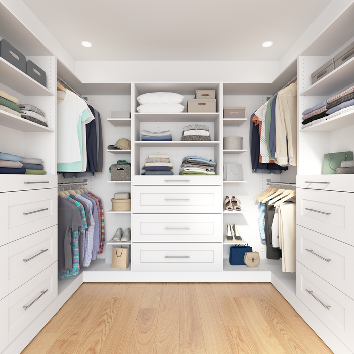 Système de pièce-penderie en forme de U modulaire Florence de Bestar de 105 po avec tringles, tablettes et tiroirs de style Shaker - blanc