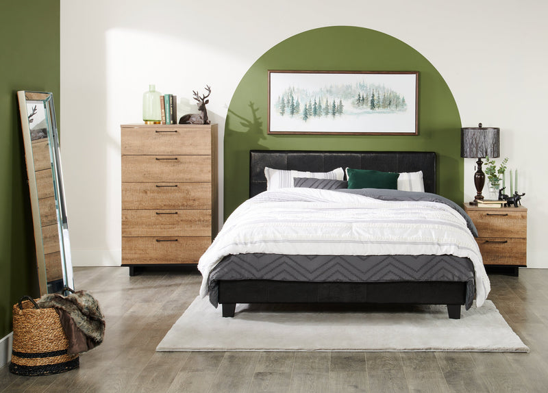 Lit rembourré Chase en tissu de cuir végétalien brun - format lit double