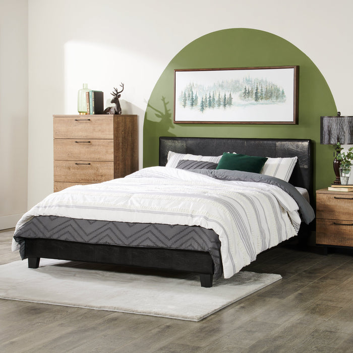 Lit rembourré Chase en tissu de cuir végétalien brun - format lit double