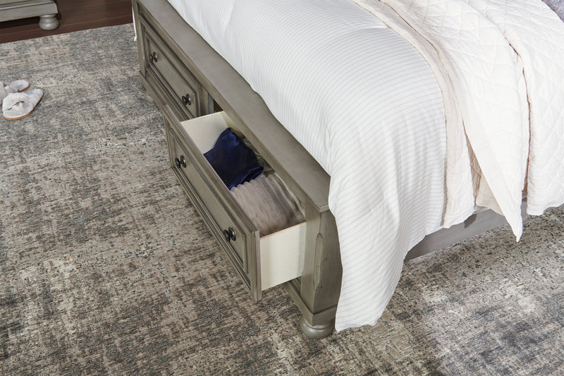 Lit plateforme de rangement Chelsea gris avec tête de lit et cadre de lit - format grand lit