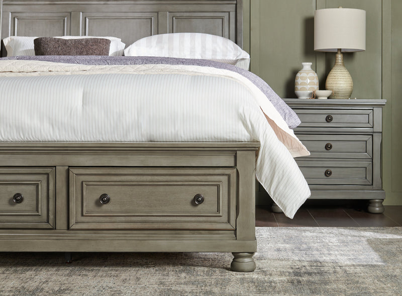 Lit plateforme de rangement Chelsea gris avec tête de lit et cadre de lit - format grand lit