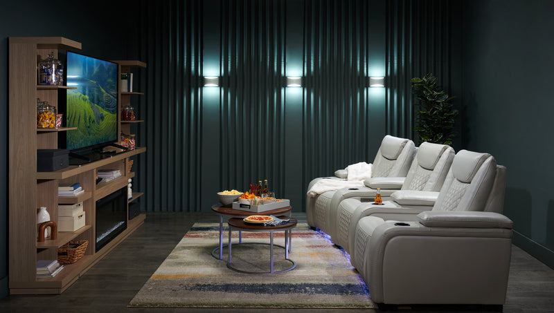 Sièges à inclinaison électrique de cinéma maison Cinema de 112,6 po en tissu d’apparence cuir avec 3 sièges - gris brume cosmique