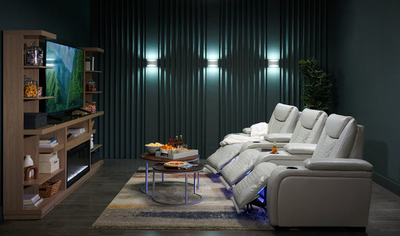 Sièges à inclinaison électrique de cinéma maison Cinema de 112,6 po en tissu d’apparence cuir avec 3 sièges - gris brume cosmique