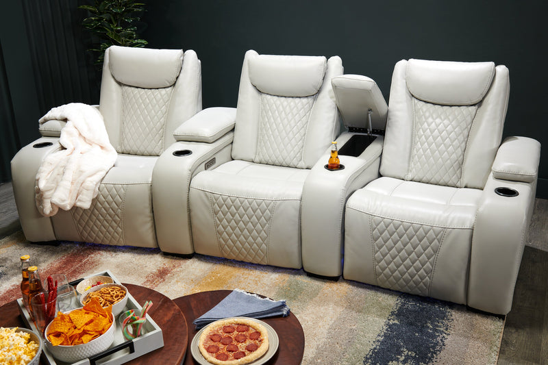 Sièges à inclinaison électrique de cinéma maison Cinema de 112,6 po en tissu d’apparence cuir avec 3 sièges - gris brume cosmique