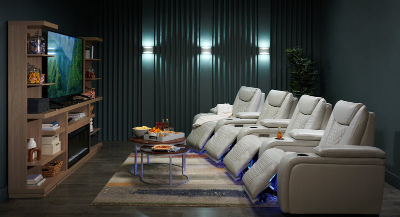 Sofa sectionnel à inclinaison électrique Cinema 5 pièces en apparence cuir avec appuie-têtes électriques - gris brume cosmique