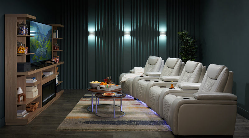 Sofa sectionnel à inclinaison électrique Cinema 5 pièces en apparence cuir avec appuie-têtes électriques - gris brume cosmique