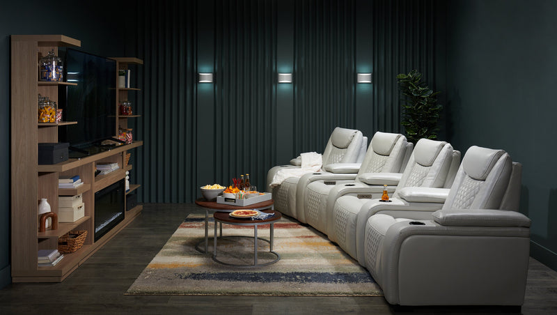 Sofa sectionnel à inclinaison électrique Cinema 5 pièces en apparence cuir avec appuie-têtes électriques - gris brume cosmique