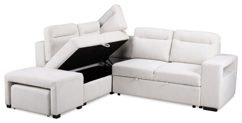 Sofa-lit sectionnel de gauche Coast 3 pièces en tissu avec rangement et pouf - blanc ivoire
