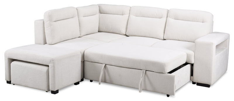 Sofa-lit sectionnel de gauche Coast 3 pièces en tissu avec rangement et pouf - blanc ivoire