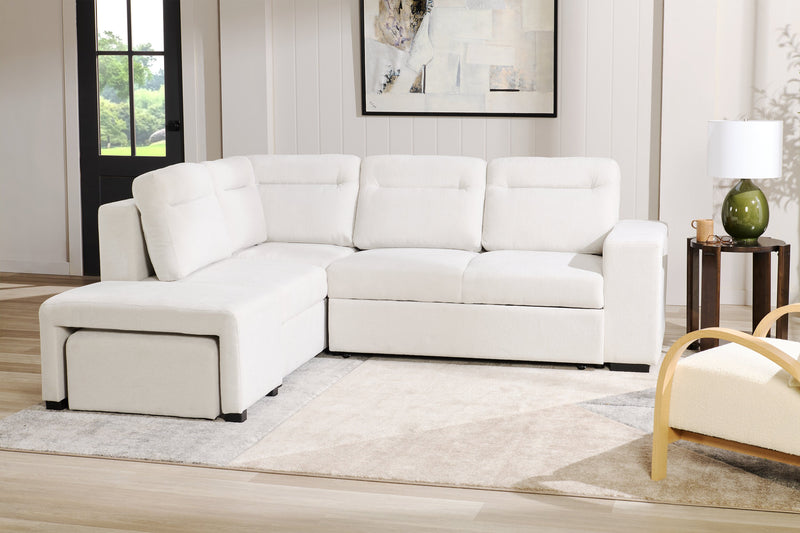 Sofa-lit sectionnel de gauche Coast 3 pièces en tissu avec rangement et pouf - blanc ivoire