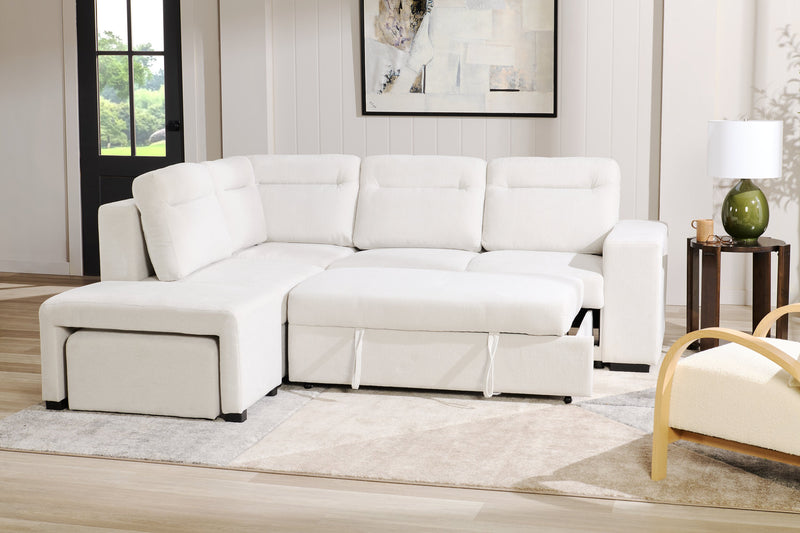 Sofa-lit sectionnel de gauche Coast 3 pièces en tissu avec rangement et pouf - blanc ivoire