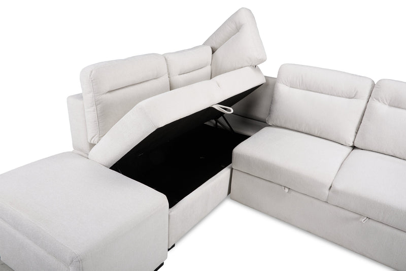 Sofa-lit sectionnel de gauche Coast 3 pièces en tissu avec rangement et pouf - blanc ivoire