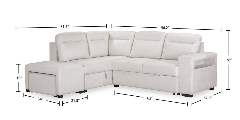 Sofa-lit sectionnel de gauche Coast 3 pièces en tissu avec rangement et pouf - blanc ivoire