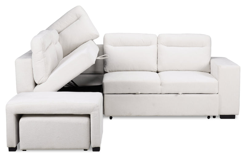 Sofa-lit sectionnel de gauche Coast 3 pièces en tissu avec rangement et pouf - blanc ivoire