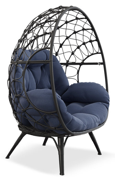 Fauteuil en forme d’œuf Coco de Kort & Co. pour la terrasse à l’extérieur - osier en résine tressé à la main, résistant aux rayons UV et aux intempéries - gris foncé et bleu