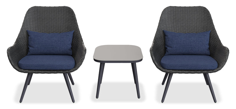 Fauteuil de détente Costa pour la terrasse à l’extérieur - osier en résine tressé à la main et métal, résistant aux rayons UV et aux intempéries - gris foncé et bleu