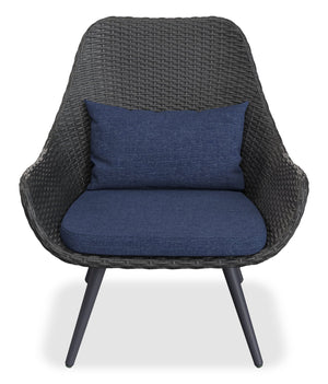 Fauteuil de détente Costa pour la terrasse à l’extérieur - osier en résine tressé à la main et métal, résistant aux rayons UV et aux intempéries - gris foncé et bleu
