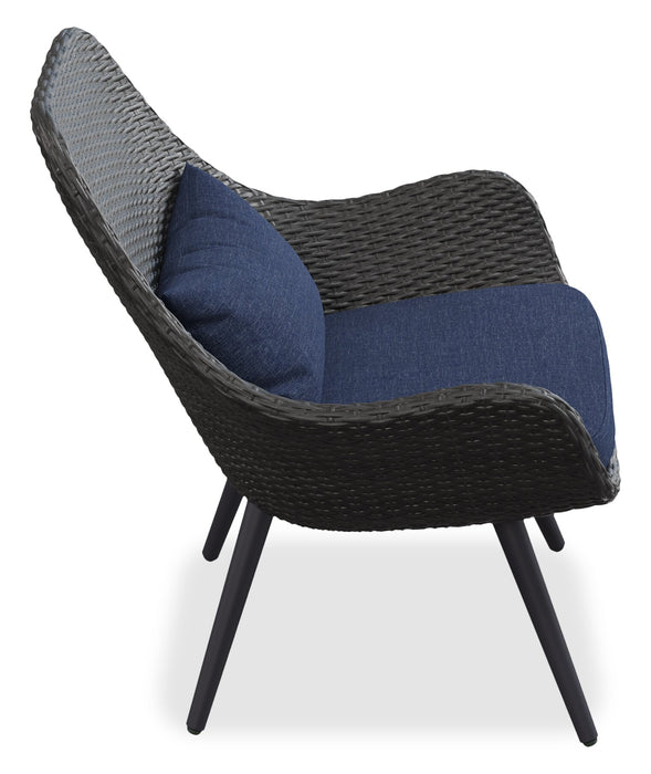 Fauteuil de détente Costa pour la terrasse à l’extérieur - osier en résine tressé à la main et métal, résistant aux rayons UV et aux intempéries - gris foncé et bleu