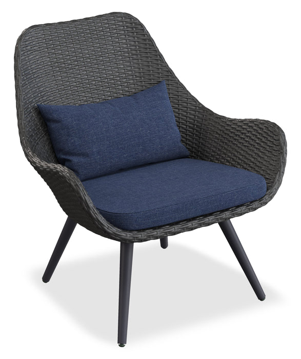 Fauteuil de détente Costa pour la terrasse à l’extérieur - osier en résine tressé à la main et métal, résistant aux rayons UV et aux intempéries - gris foncé et bleu