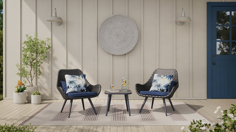 Fauteuil de détente Costa pour la terrasse à l’extérieur - osier en résine tressé à la main et métal, résistant aux rayons UV et aux intempéries - gris foncé et bleu