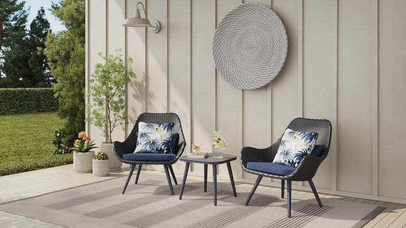 Fauteuil de détente Costa pour la terrasse à l’extérieur - osier en résine tressé à la main et métal, résistant aux rayons UV et aux intempéries - gris foncé et bleu
