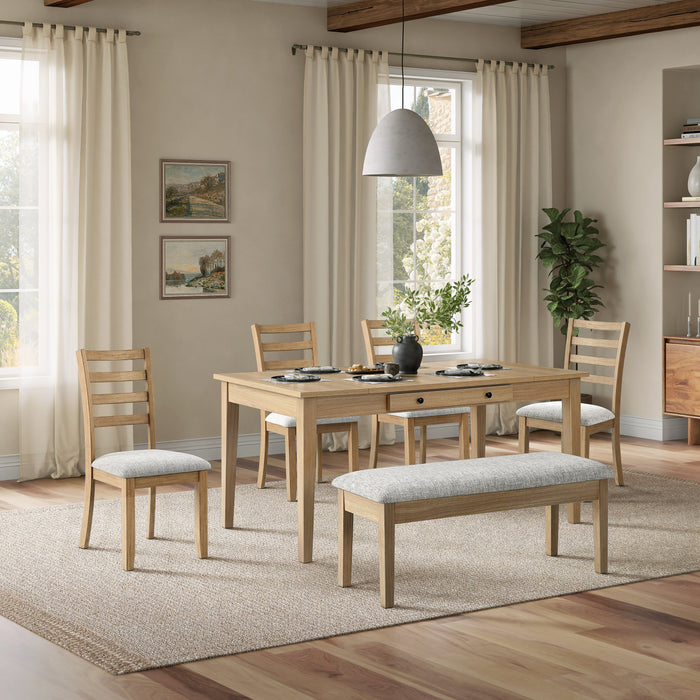 Ensemble de salle à manger Cove 6 pièces en mélamine avec table de 66 po (L), tiroirs de rangement, banc et 4 chaises - naturel et gris
