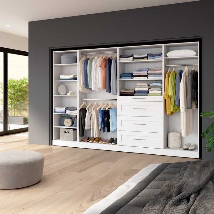 Système de pièce-penderie modulaire Florence de Bestar de 121 po avec tringles, tablettes et tiroirs de style Shaker - blanc