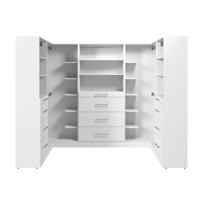 Système de pièce-penderie en forme de U modulaire Florence de Bestar de 105 po avec tringles, tablettes et tiroirs de style lisse - blanc
