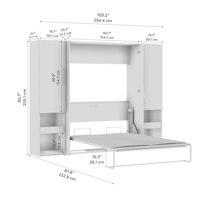 Lit double escamotable Avalon de Bestar de 101 po (L) avec armoires de rangement et tablette coulissante