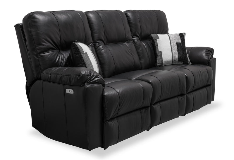 Sofa à inclinaison électrique Dawson de 87 po fabriqué au Canada en cuir véritable avec port USB et oussins décoratifs - noir
