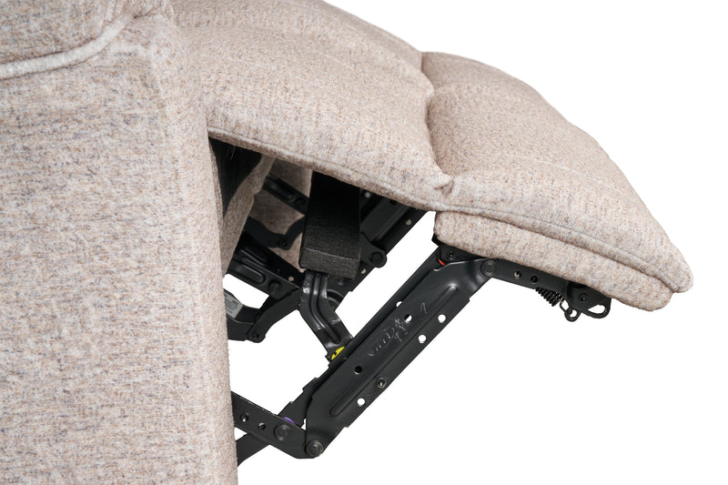 Causeuse à inclinaison électrique Dawson de 64 po fabriquée au Canada en tissu avec port USB et coussins décoratifs - beige