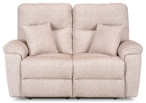 Causeuse à inclinaison électrique Dawson de 64 po fabriquée au Canada en tissu avec port USB et coussins décoratifs - beige