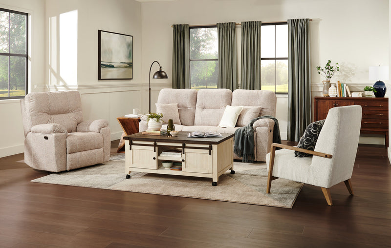 Sofa à inclinaison électrique Dawson de 87 po fabriqué au Canada en tissu avec port USB et coussins décoratifs - beige