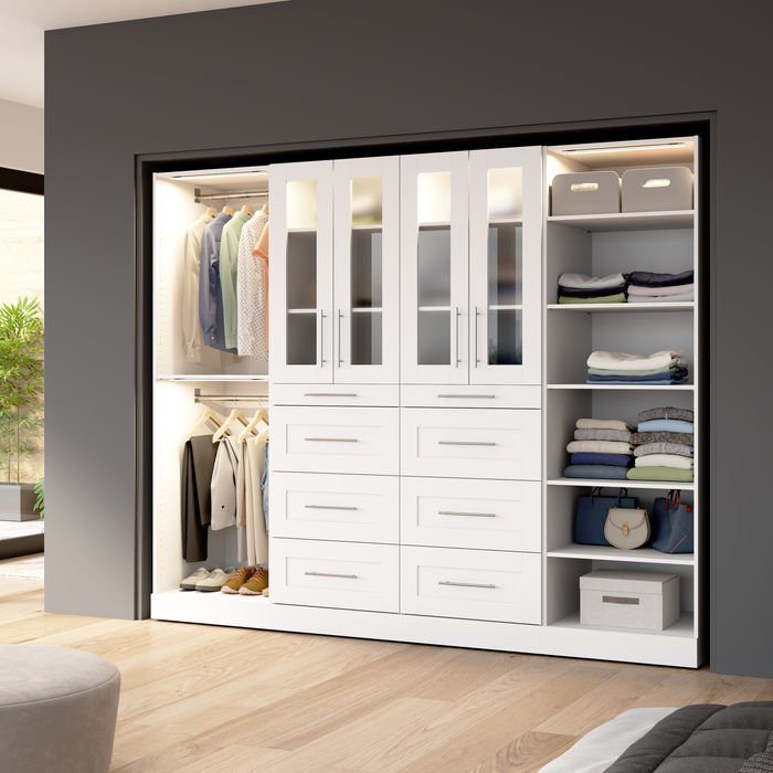 Système de pièce-penderie modulaire Florence de Bestar de 100 po avec éclairages à DEL, tringles, tablettes, tiroirs et portes de style Shaker - blanc