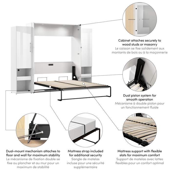 Grand lit escamotable Avalon de Bestar de 107 po (L) avec armoires de rangement et tablette coulissante